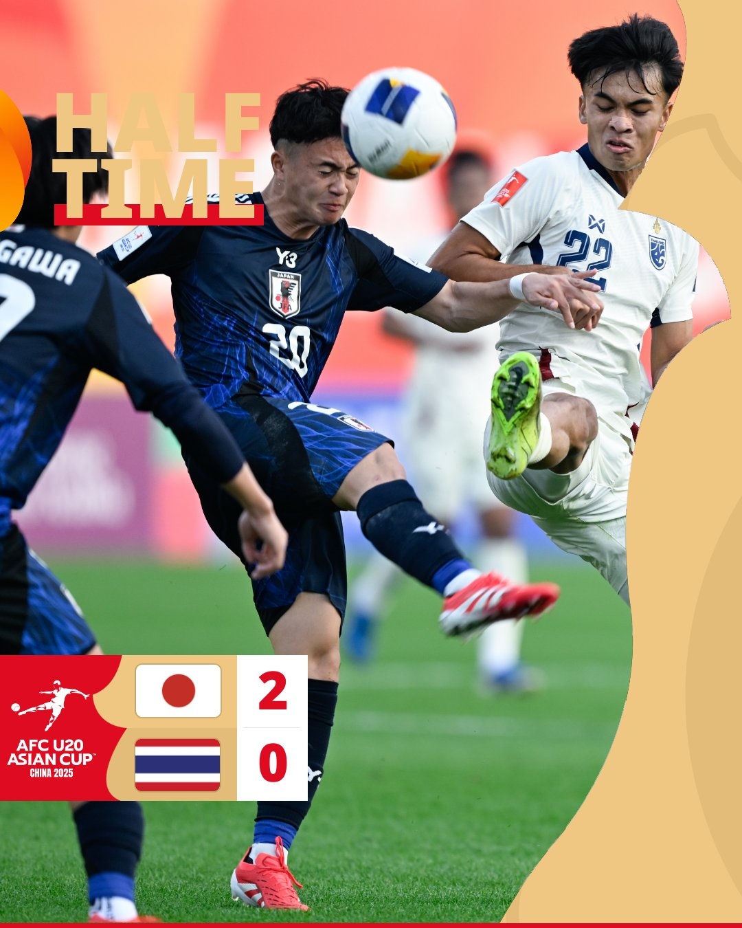 半场-日本U20 2-0领先泰国U20，石井久继破门+中柱 泰国0射正